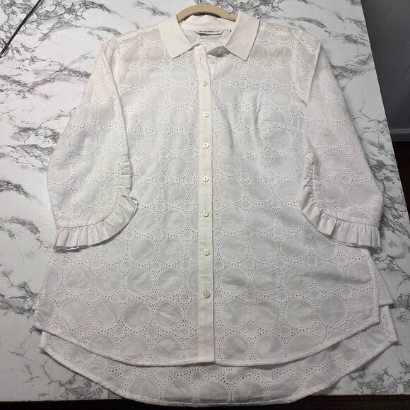 Isaac Mizrahi Size 8 White Scalloped 3/4 Semi Sheer Button Up Eyelet Blouse - Picture 10 of 12